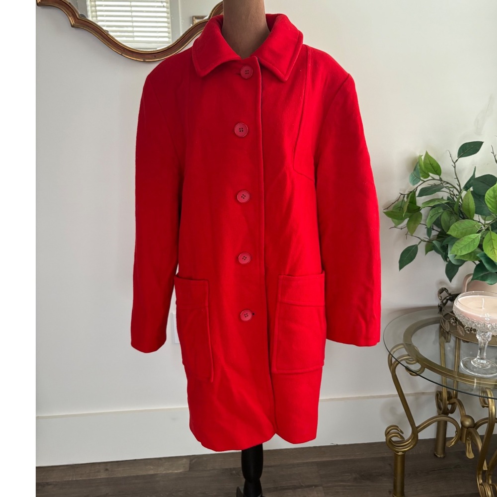 Vintage Penguin‎ 100% Wool Coat Women Red Button Front Collared Made in USA